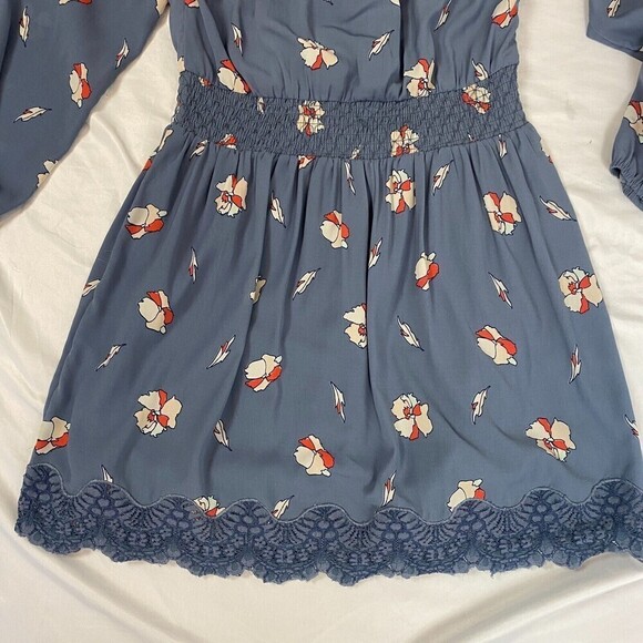 Abercrombie & Fitch Blue Floral Smocked Off The Shoulder Babydoll Mini Dress S - Picture 4 of 14